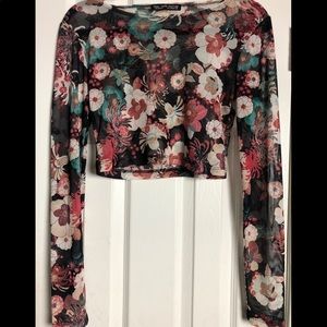 mesh/fishnet long sleeve rock rose couture shirt with Japanese floral print